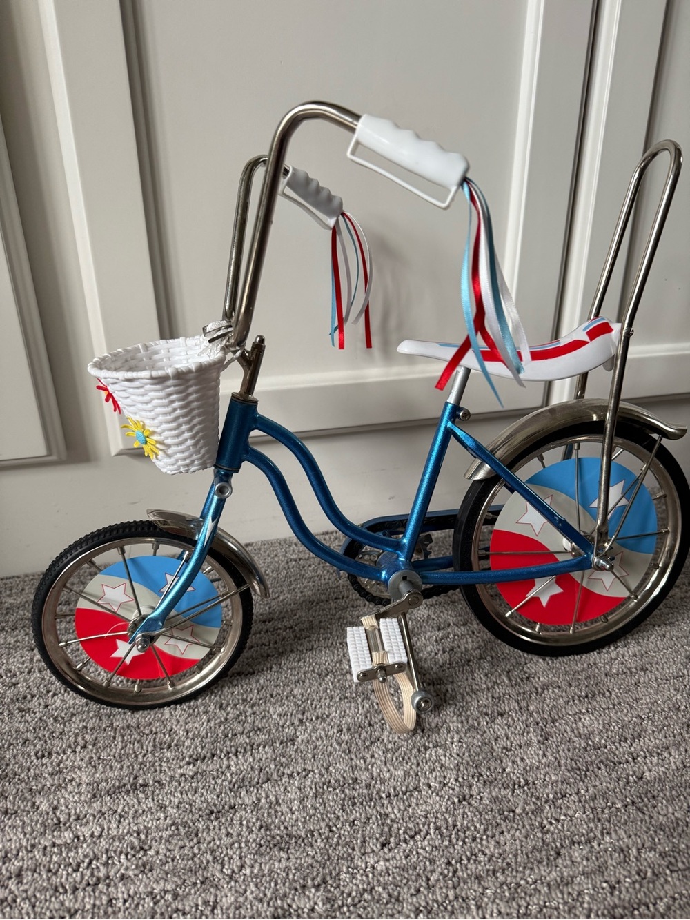 American Girl Blue Toy Bicycle with White Basket and Red & Light Blue Accents